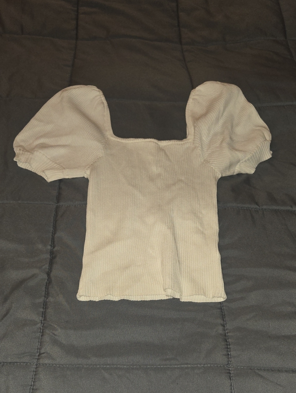 Ribbed Square Neck Puff Sleeve Top in Cream - Women's Short Sleeve